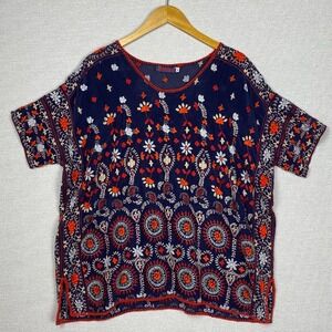 Johnny Was Melia Tunic Top Womens S Embroidered Short Sleeve Boho Art Daisy